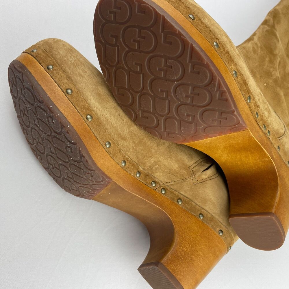 ~ UGG 10 Suede Clog Boots Tan Zip Camel Brown Women Tall Wood Heel Boho HTF Rare - Picture 11 of 14